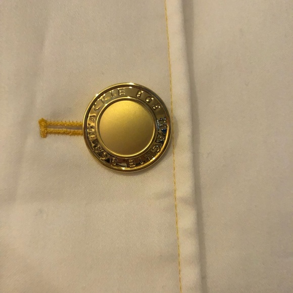 BOB MACKIE wearable art white cropped jacket with yellow stitching - Picture 3 of 4